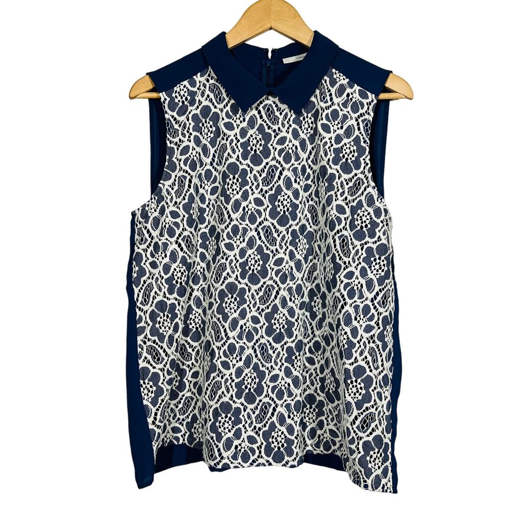 Halogen Crochet Floral Blouse Sleeveless Navy Cream Collar Career Casual - L